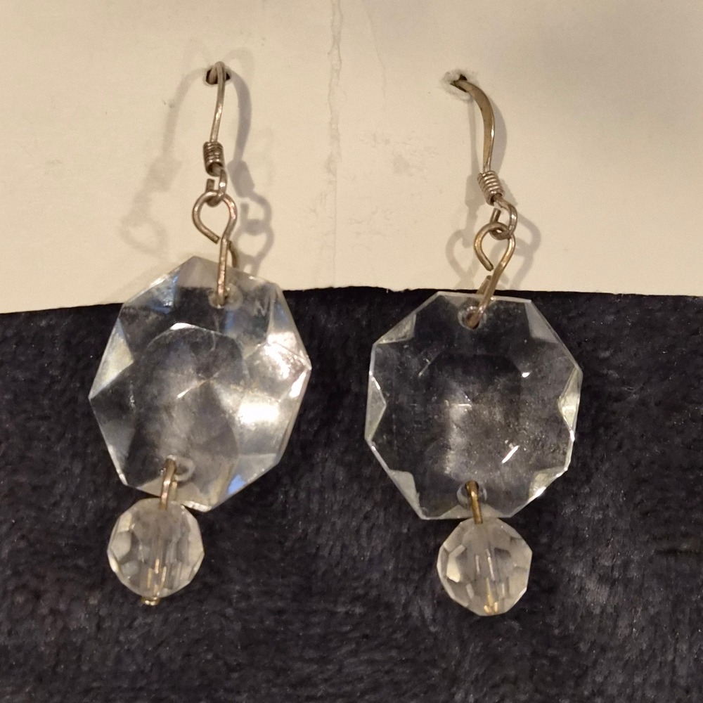 Vintage Clear Faceted Glass Octagon Drop Earrings Fishhook Dangle